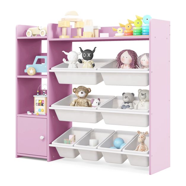 SEDOL 3-in-1 Kids Toy Storage Organizer & Bookshelf | 8 Removable Sloping Bins & Soft-Close Storage Cabinet | Anti-Toppling Safety Kit | Montessori-Style Playroom Furniture