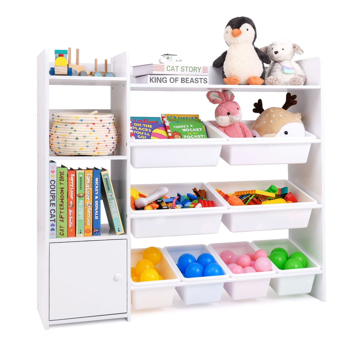 SEDOL 3-in-1 Kids Toy Storage Organizer & Bookshelf | 8 Removable Sloping Bins & Soft-Close Storage Cabinet | Anti-Toppling Safety Kit | Montessori-Style Playroom Furniture