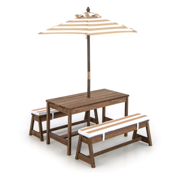 SEDOL Kids 4-Seater Garden Picnic Table Set | Solid Fir Wood Outdoor Activity Table with 3-Height Adjustable Umbrella | 2 Padded Bench Cushions | 150KG Heavy-Duty Bench Capacity
