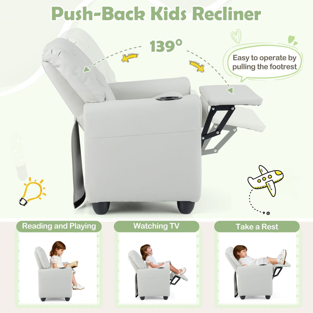 SEDOL Heavy-Duty Kids Recliner Chair with Built-In Cup Holder | Waterproof PU Leather Toddler Armchair with 139° Recline & Spring-Loaded Cushion | 68kg Capacity Solid Wood Frame for Living Room & Nursery
