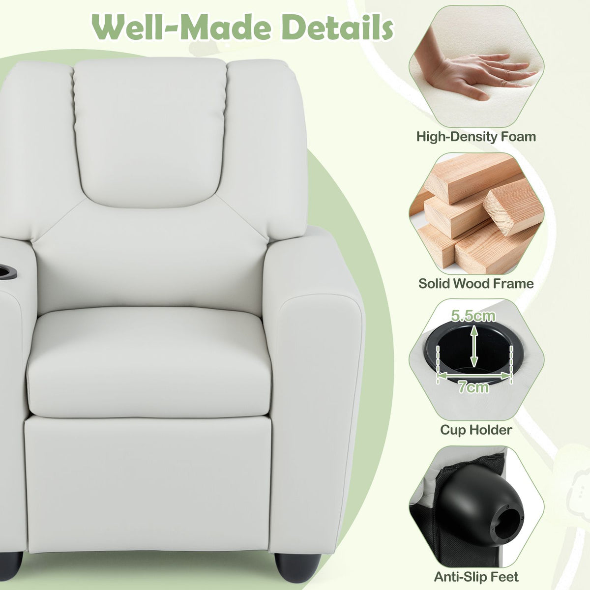 SEDOL Heavy-Duty Kids Recliner Chair with Built-In Cup Holder | Waterproof PU Leather Toddler Armchair with 139° Recline & Spring-Loaded Cushion | 68kg Capacity Solid Wood Frame for Living Room & Nursery