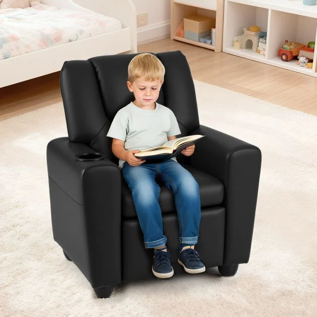 SEDOL Heavy-Duty Kids Recliner Chair with Built-In Cup Holder | Waterproof PU Leather Toddler Armchair with 139° Recline & Spring-Loaded Cushion | 68kg Capacity Solid Wood Frame for Living Room & Nursery