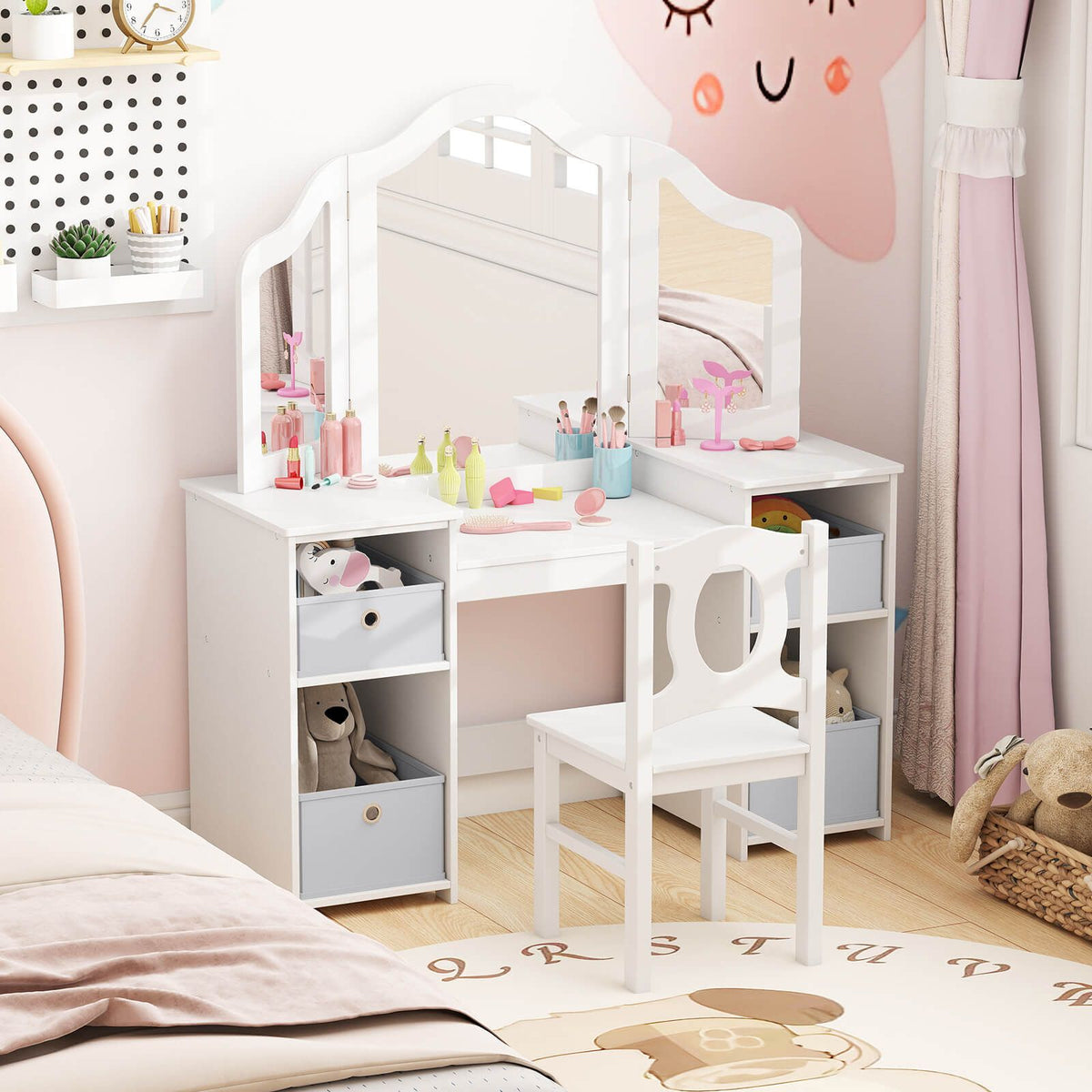 SEDOL 2-in-1 Kids Vanity Table & Writing Desk Set | Toddler Dressing Table with Shatterproof Tri-Folding Mirror | 8-Zone Storage with Removable Bins | Solid Wood Legs & Anti-Tip Safety