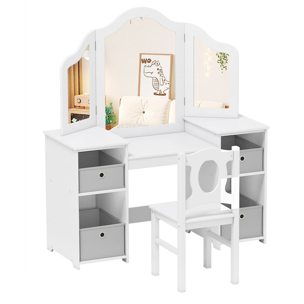 SEDOL 2-in-1 Kids Vanity Table & Writing Desk Set | Toddler Dressing Table with Shatterproof Tri-Folding Mirror | 8-Zone Storage with Removable Bins | Solid Wood Legs & Anti-Tip Safety