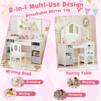 SEDOL 2-in-1 Kids Vanity Table & Writing Desk Set | Toddler Dressing Table with Shatterproof Tri-Folding Mirror | 8-Zone Storage with Removable Bins | Solid Wood Legs & Anti-Tip Safety