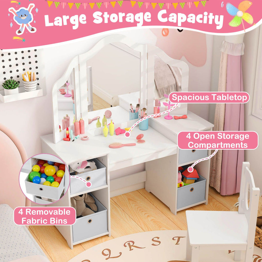SEDOL 2-in-1 Kids Vanity Table & Writing Desk Set | Toddler Dressing Table with Shatterproof Tri-Folding Mirror | 8-Zone Storage with Removable Bins | Solid Wood Legs & Anti-Tip Safety