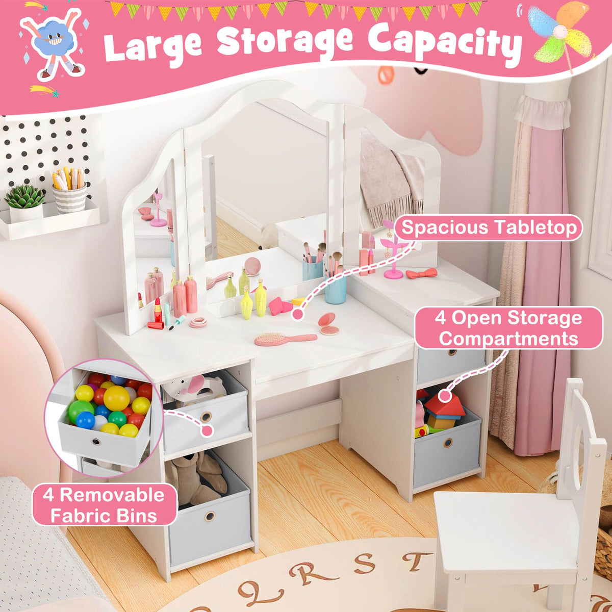 SEDOL 2-in-1 Kids Vanity Table & Writing Desk Set | Toddler Dressing Table with Shatterproof Tri-Folding Mirror | 8-Zone Storage with Removable Bins | Solid Wood Legs & Anti-Tip Safety