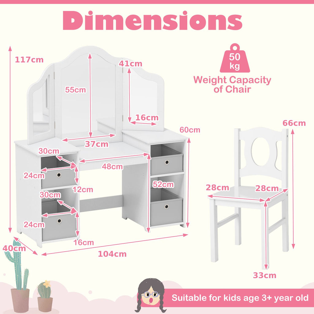 SEDOL 2-in-1 Kids Vanity Table & Writing Desk Set | Toddler Dressing Table with Shatterproof Tri-Folding Mirror | 8-Zone Storage with Removable Bins | Solid Wood Legs & Anti-Tip Safety