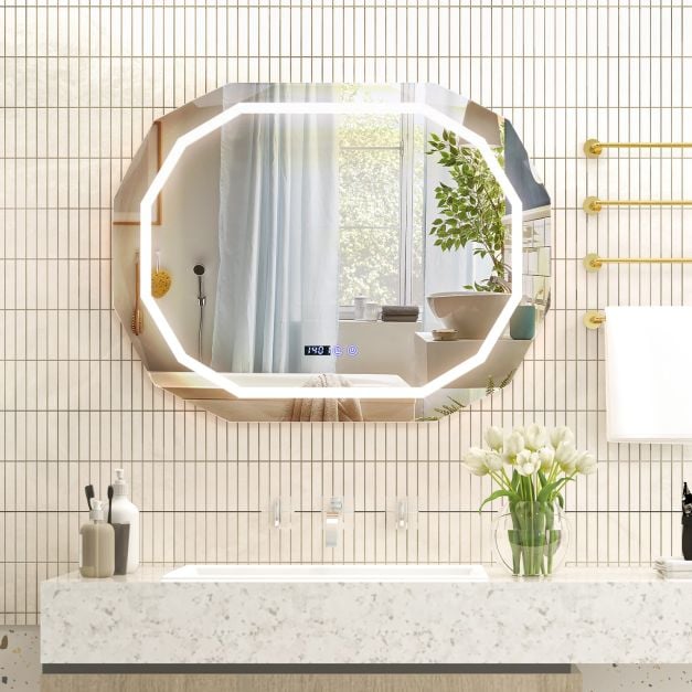 SEDOL Smart LED Bathroom Mirror with Anti-Fog Technology | 3-Color Dimmable Vanity Mirror with Touch Switch & Memory Function | Shatter-Proof Copper-Free Glass with Digital Time & Temperature Display | 91.5 x 71 cm