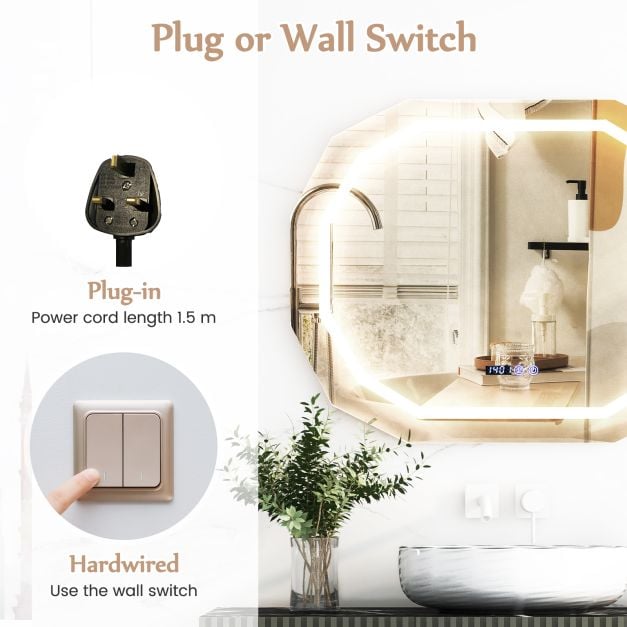 SEDOL Smart LED Bathroom Mirror with Anti-Fog Technology | 3-Color Dimmable Vanity Mirror with Touch Switch & Memory Function | Shatter-Proof Copper-Free Glass with Digital Time & Temperature Display | 91.5 x 71 cm