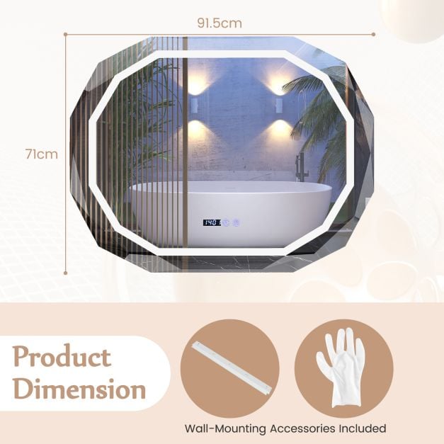SEDOL Smart LED Bathroom Mirror with Anti-Fog Technology | 3-Color Dimmable Vanity Mirror with Touch Switch & Memory Function | Shatter-Proof Copper-Free Glass with Digital Time & Temperature Display | 91.5 x 71 cm