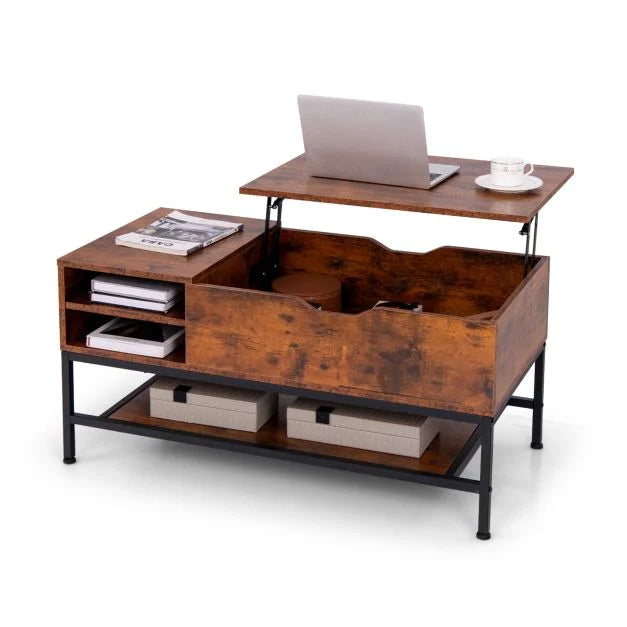 SEDOL Lift-Top Coffee Table with Hidden Storage & Removable Shelf | Smooth Gas Strut Rising Workstation for Dining & Laptop | Heavy-Duty Industrial Metal Frame