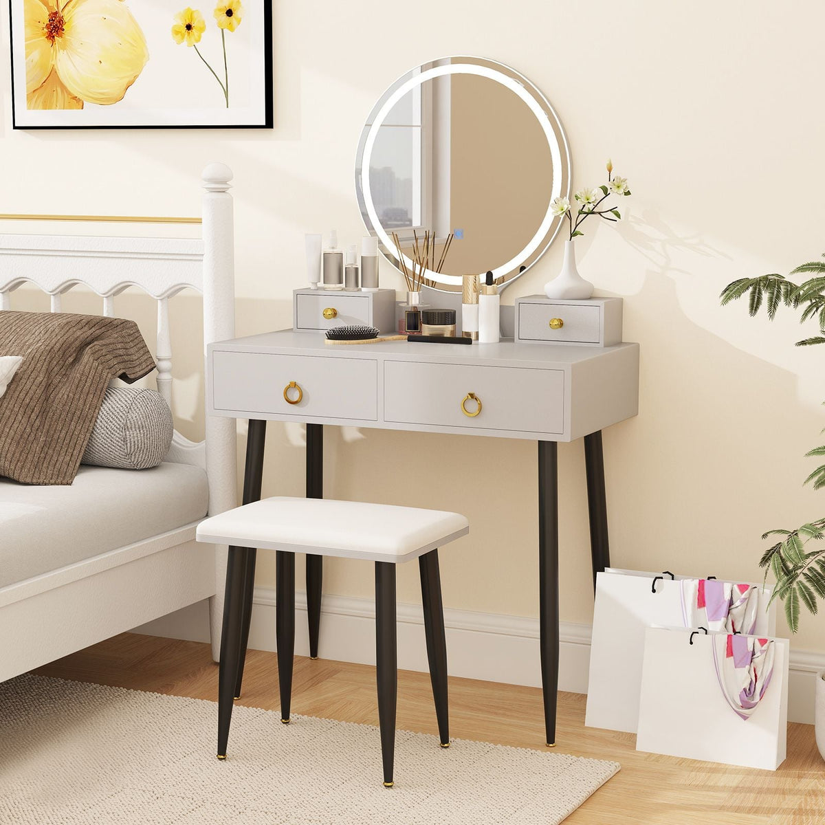 SEDOL Modern Grey Vanity Desk Set with 3-Color LED Mirror and Sturdy Metal Legs