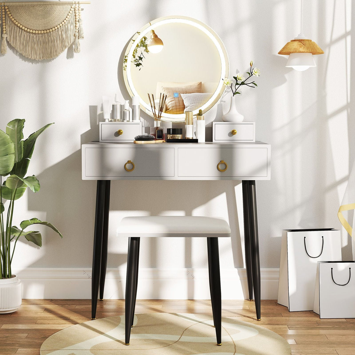 SEDOL Modern Grey Vanity Desk Set with 3-Color LED Mirror and Sturdy Metal Legs