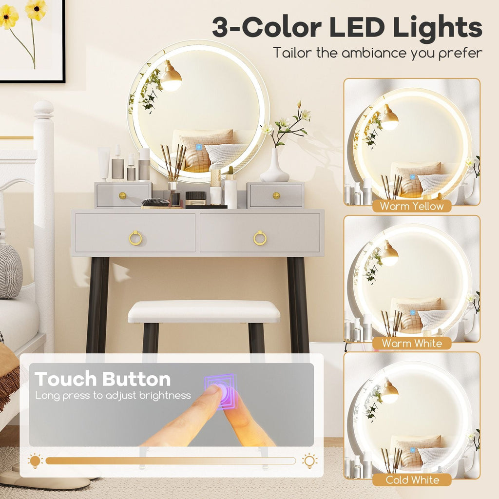 SEDOL Modern Grey Vanity Desk Set with 3-Color LED Mirror and Sturdy Metal Legs