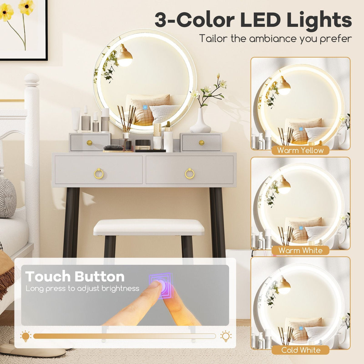 SEDOL Modern Grey Vanity Desk Set with 3-Color LED Mirror and Sturdy Metal Legs