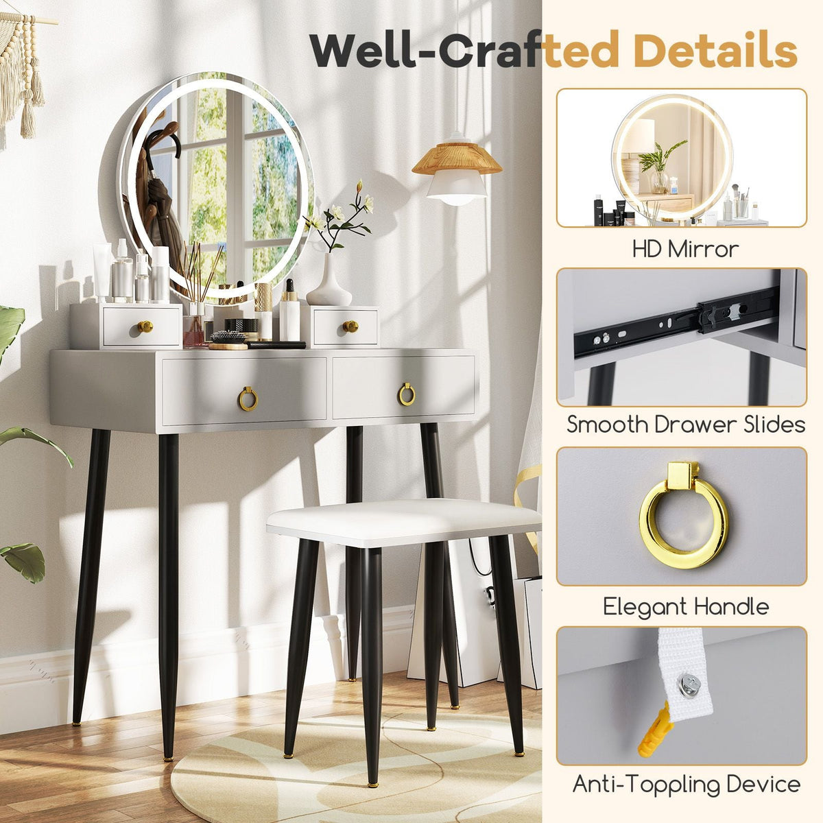 SEDOL Modern Grey Vanity Desk Set with 3-Color LED Mirror and Sturdy Metal Legs