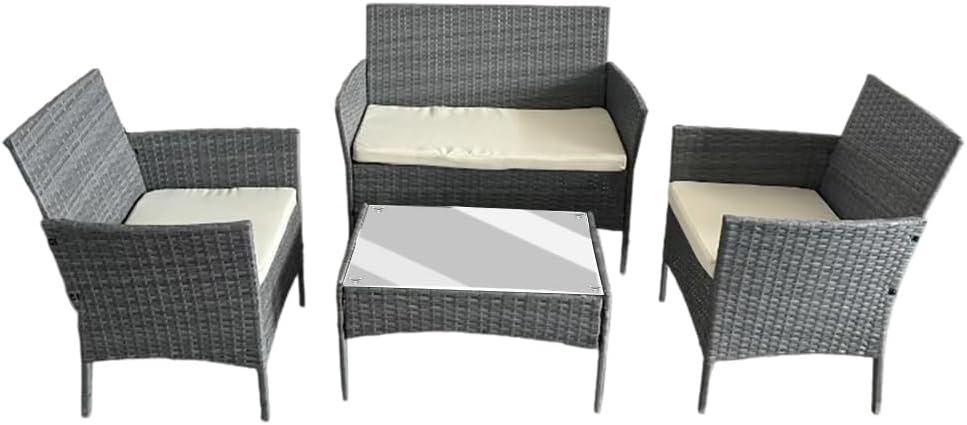 SEDOL 4-Piece Rattan Garden Furniture Sofa Set with Tempered Glass Coffee Table and 2 Armchairs Wicker Outdoor Patio Set with Water-Resistant Beige Cushions for Garden Balcony and Conservatory