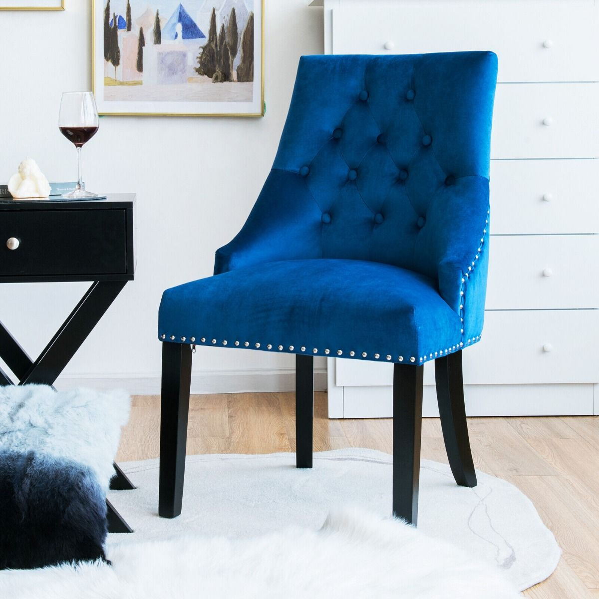 Modern Button-Tufted Velvet Studded Dining Chair with Nail Head Trim