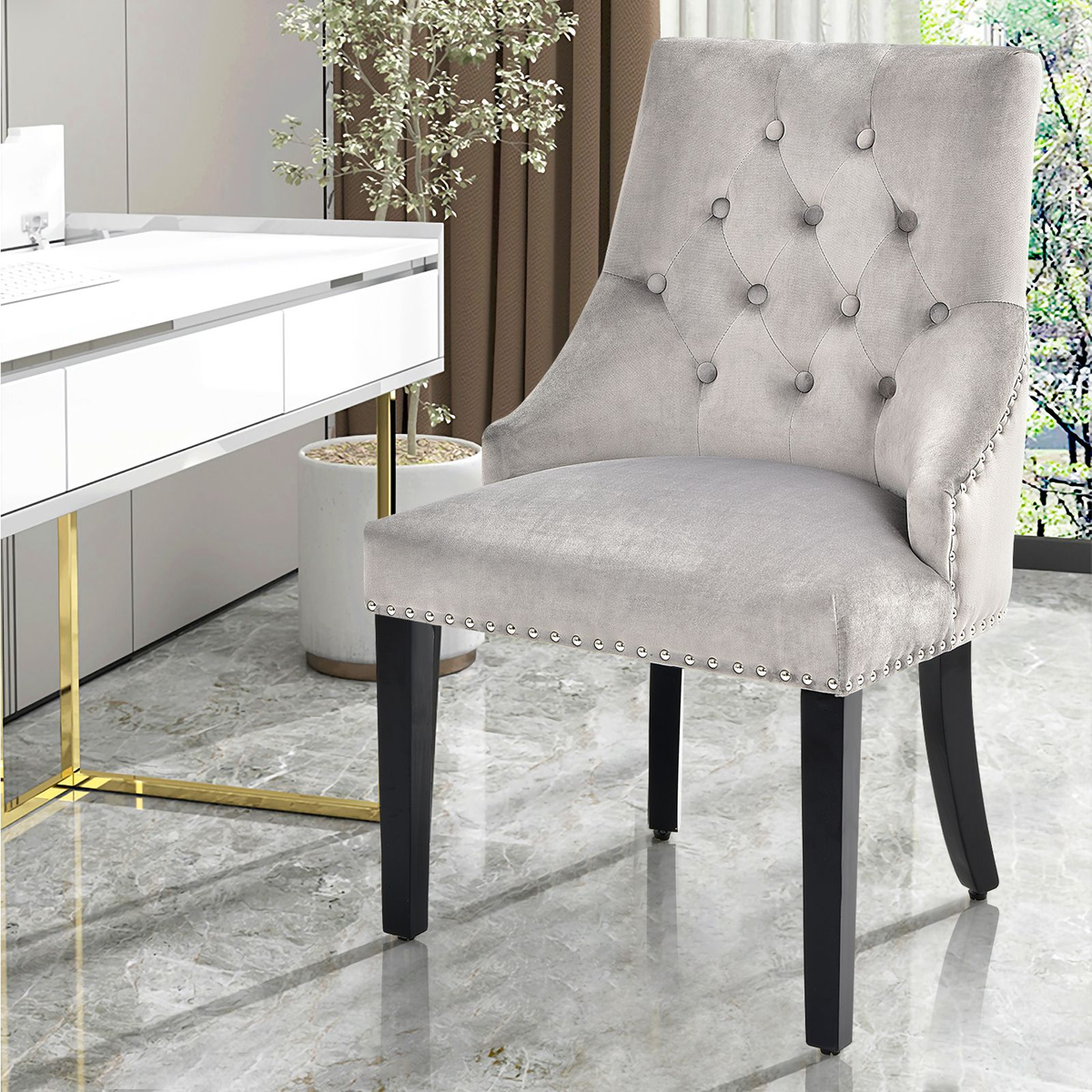Modern Button-Tufted Velvet Studded Dining Chair with Nail Head Trim
