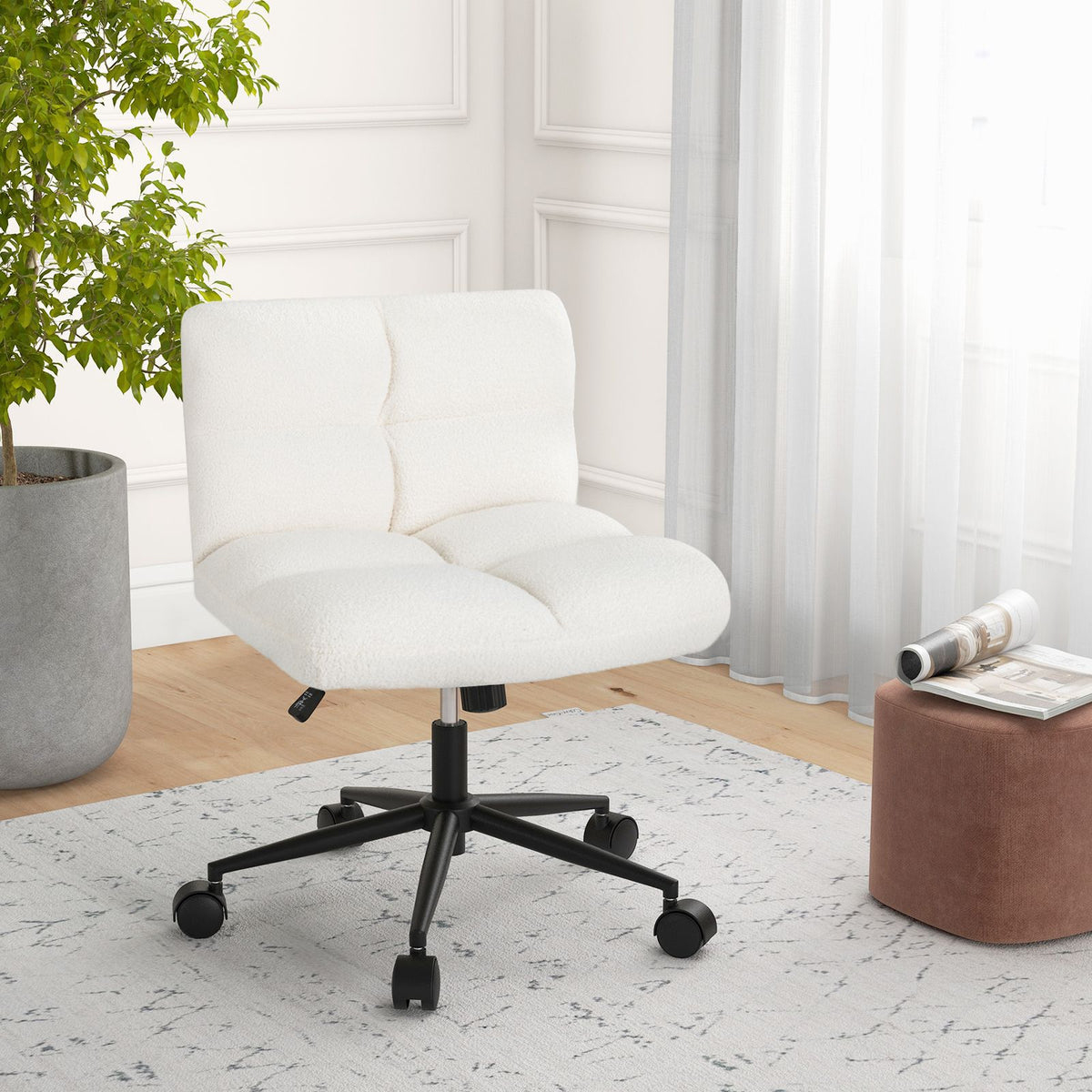 SEDOL Modern Cross-Legged Office Chair with Wheels | Extra-Wide U-Shaped Swivel Task Chair | Textured Lamb Fleece Armless Desk Chair with 120° Rocking & 160kg Capacity