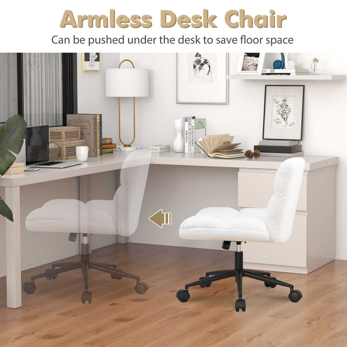 SEDOL Modern Cross-Legged Office Chair with Wheels | Extra-Wide U-Shaped Swivel Task Chair | Textured Lamb Fleece Armless Desk Chair with 120° Rocking & 160kg Capacity