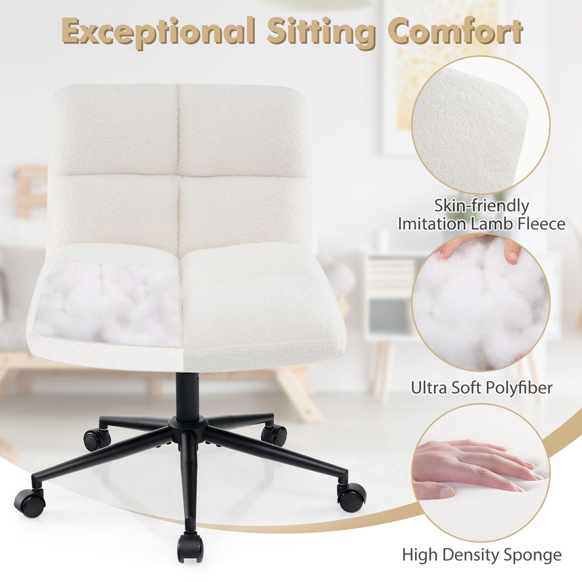 SEDOL Modern Cross-Legged Office Chair with Wheels | Extra-Wide U-Shaped Swivel Task Chair | Textured Lamb Fleece Armless Desk Chair with 120° Rocking & 160kg Capacity