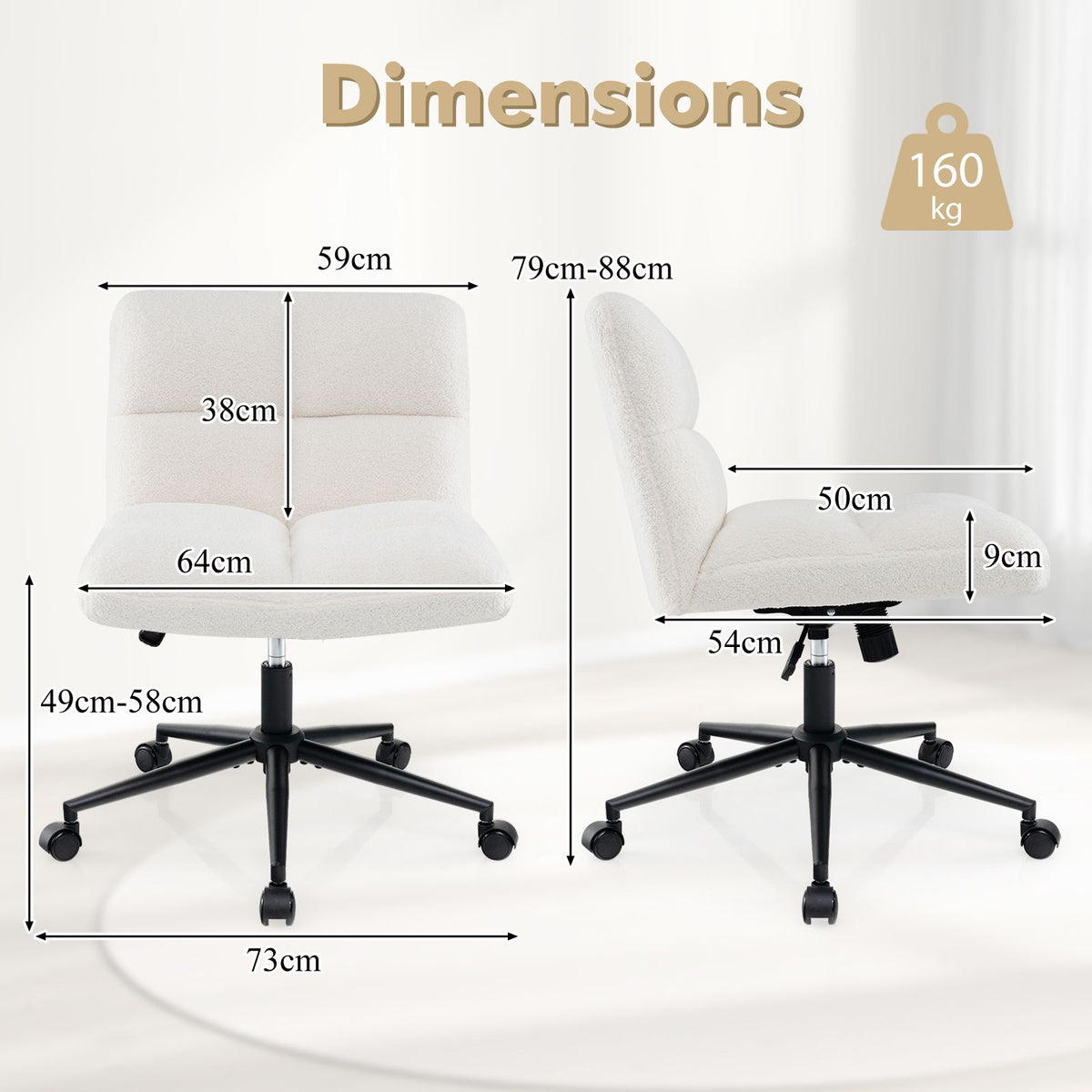 SEDOL Modern Cross-Legged Office Chair with Wheels | Extra-Wide U-Shaped Swivel Task Chair | Textured Lamb Fleece Armless Desk Chair with 120° Rocking & 160kg Capacity