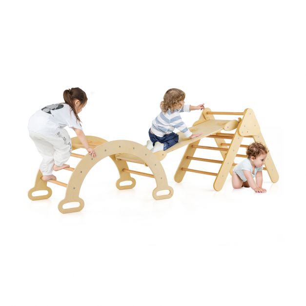SEDOL 5-in-1 Montessori Triangle Climbing Set | Solid Beech Wood Indoor Gym with Climbing Arch, Rocker, and Double-Sided Slide Ramp | ASTM Certified Toddler Activity Playset for Ages 1+