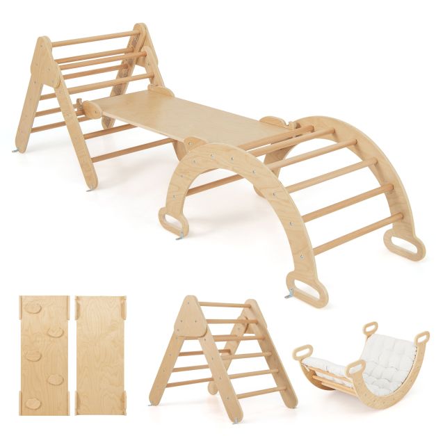 SEDOL 5-in-1 Montessori Triangle Climbing Set | Solid Beech Wood Indoor Gym with Climbing Arch, Rocker, and Double-Sided Slide Ramp | ASTM Certified Toddler Activity Playset for Ages 1+