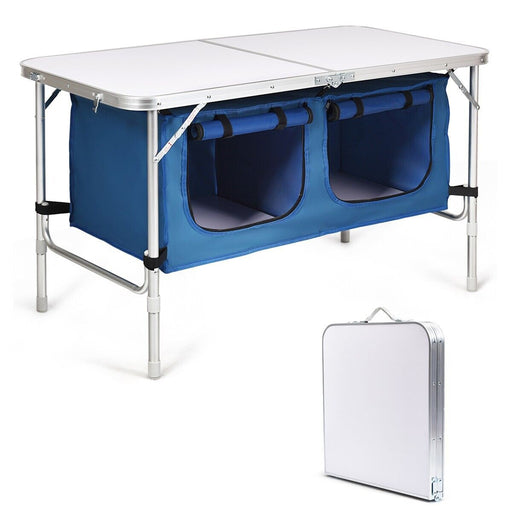 Folding Camping Table with Storage Cabinet and Adjustable Height