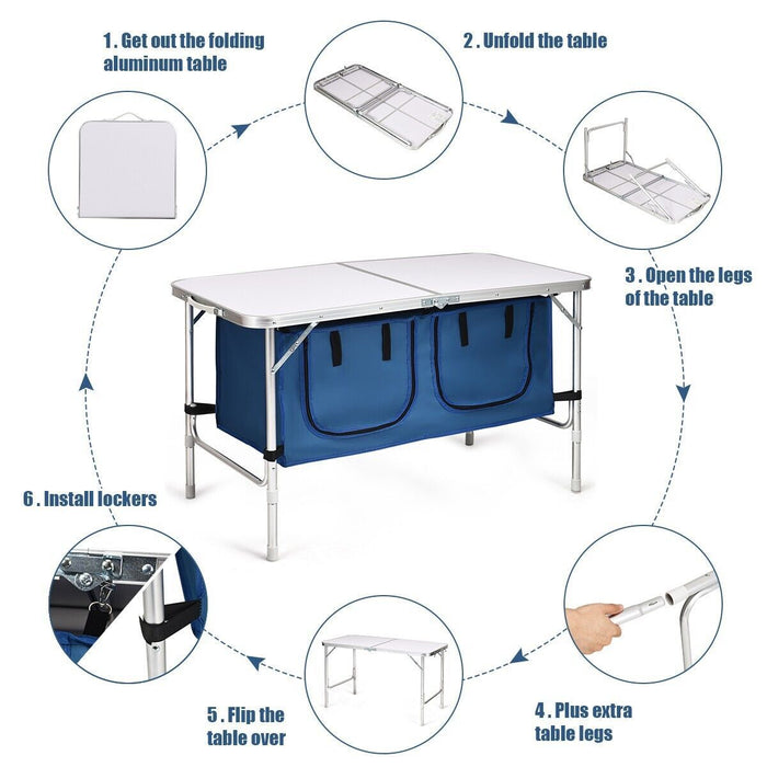 Folding Camping Table with Storage Cabinet and Adjustable Height