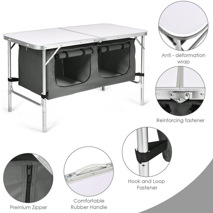 Folding Camping Table with Storage Cabinet and Adjustable Height