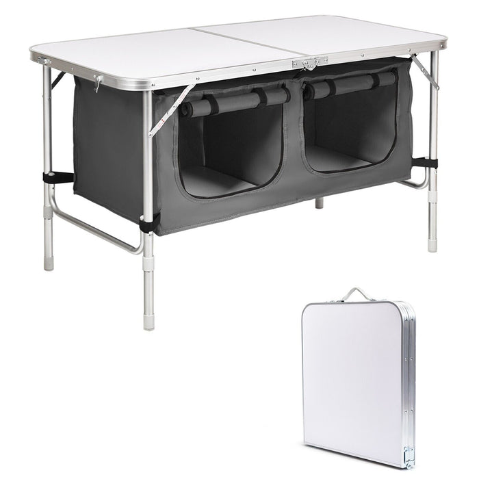 Folding Camping Table with Storage Cabinet and Adjustable Height