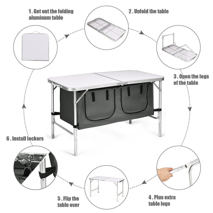 Folding Camping Table with Storage Cabinet and Adjustable Height