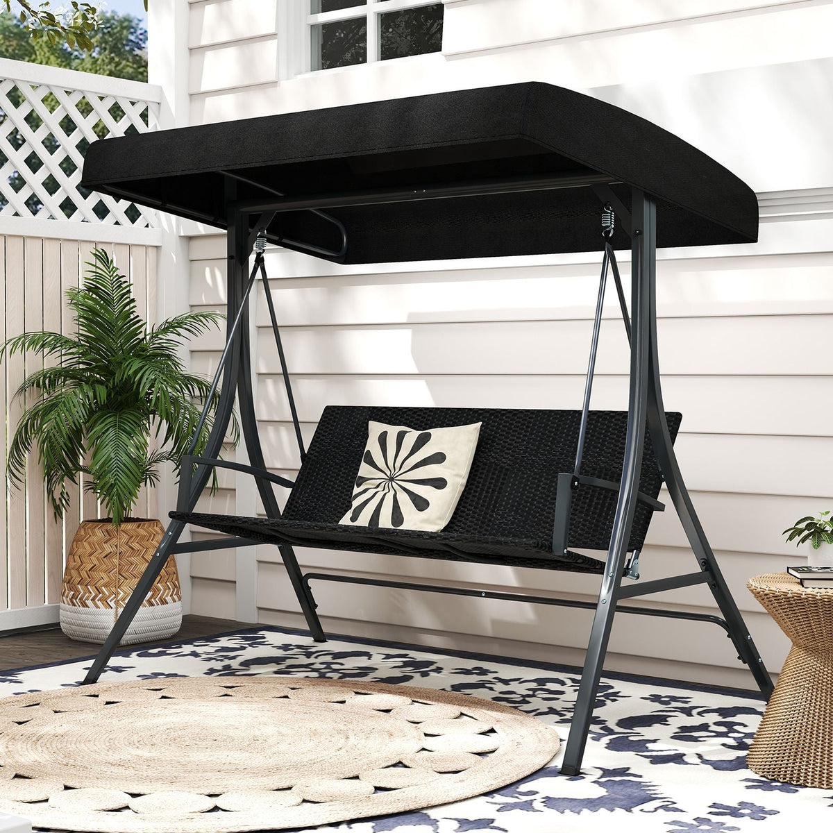 SEDOL 3-Person Heavy-Duty Porch Swing with Stand | Breathable All-Weather PE Rattan Seat & Back | 450KG Load Capacity A-Frame Construction with 65° Precision Adjustable Sun Canopy
