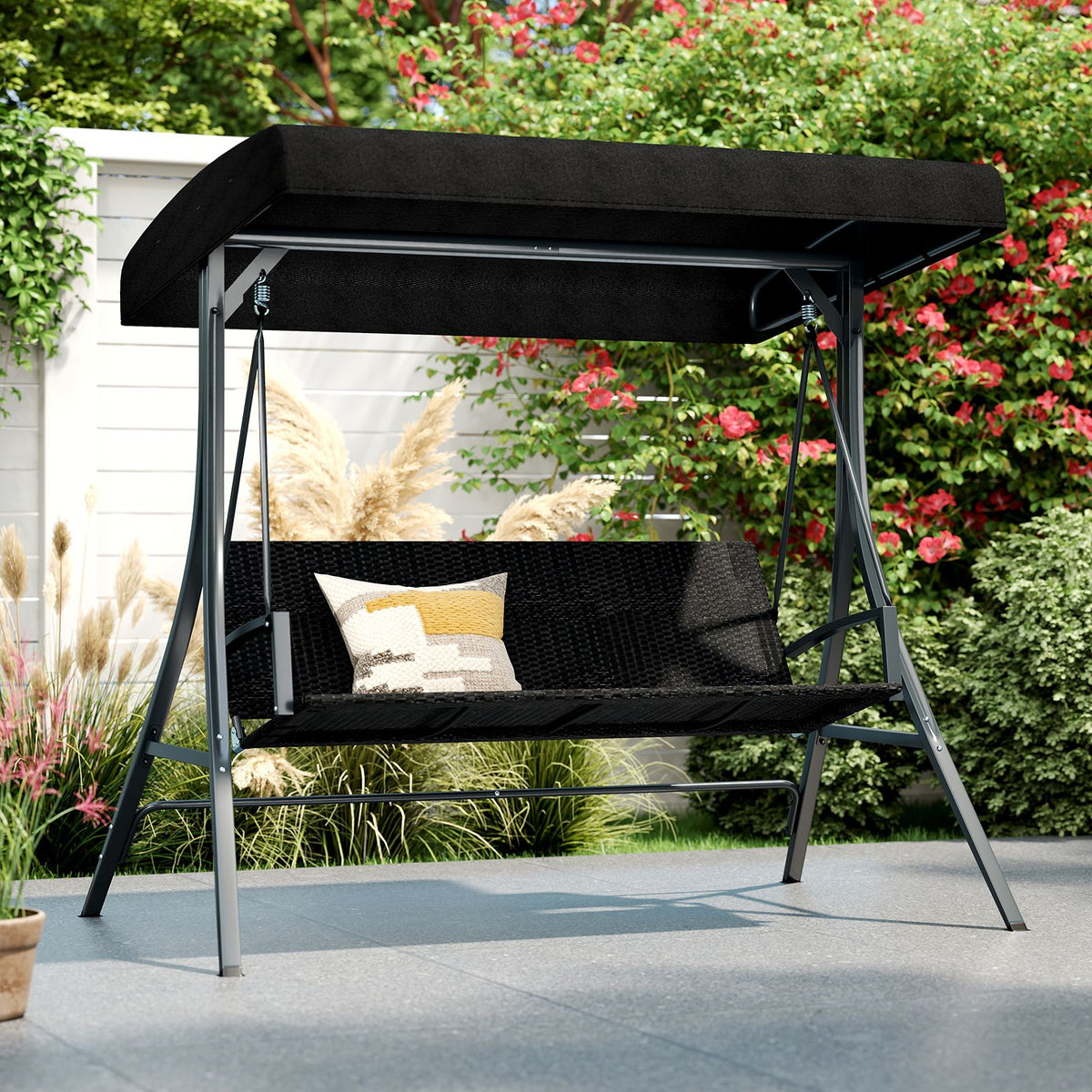 SEDOL 3-Person Heavy-Duty Porch Swing with Stand | Breathable All-Weather PE Rattan Seat & Back | 450KG Load Capacity A-Frame Construction with 65° Precision Adjustable Sun Canopy
