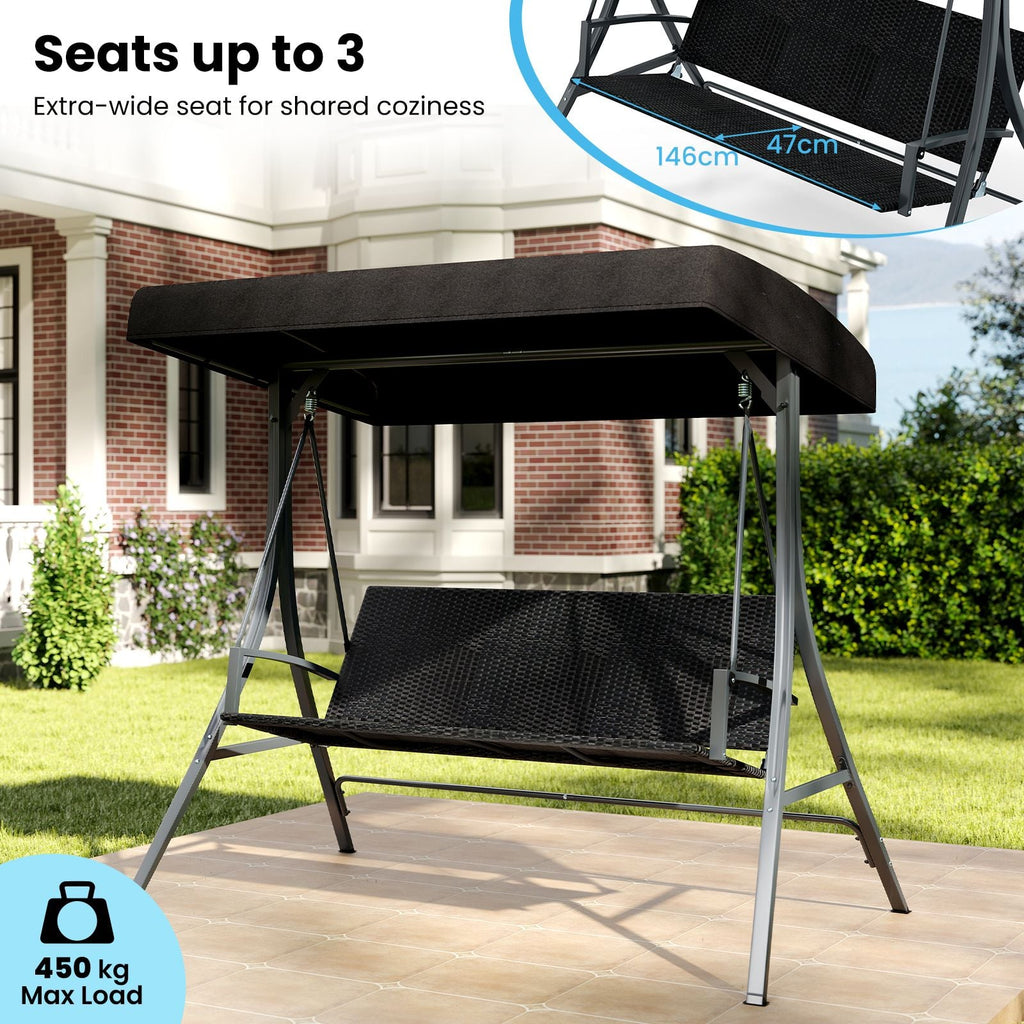 SEDOL 3-Person Heavy-Duty Porch Swing with Stand | Breathable All-Weather PE Rattan Seat & Back | 450KG Load Capacity A-Frame Construction with 65° Precision Adjustable Sun Canopy
