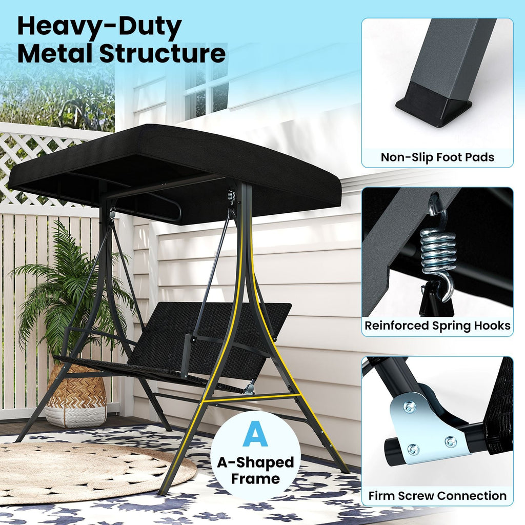 SEDOL 3-Person Heavy-Duty Porch Swing with Stand | Breathable All-Weather PE Rattan Seat & Back | 450KG Load Capacity A-Frame Construction with 65° Precision Adjustable Sun Canopy