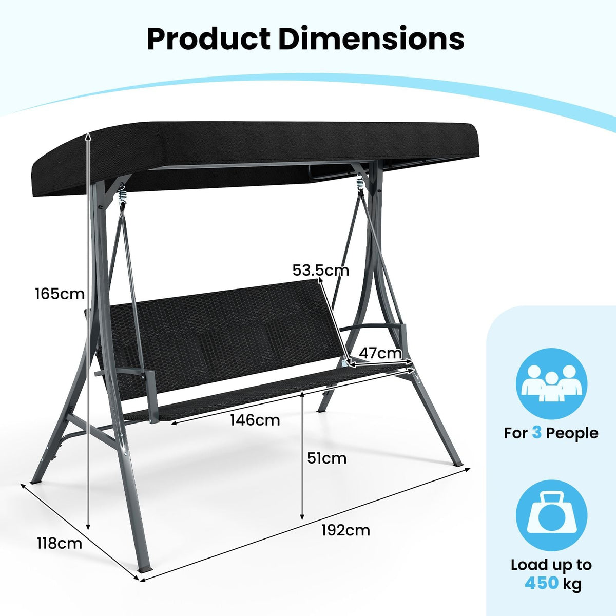 SEDOL 3-Person Heavy-Duty Porch Swing with Stand | Breathable All-Weather PE Rattan Seat & Back | 450KG Load Capacity A-Frame Construction with 65° Precision Adjustable Sun Canopy