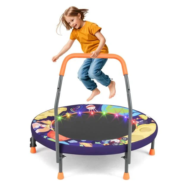 SEDOL 90cm Folding Mini Trampoline for Kids | Silent Springless Rebounder with LED Sensory Lights & Padded Safety Cover | Heavy-Duty Toddler Bouncer with Foam Handle for Indoor and Outdoor Play