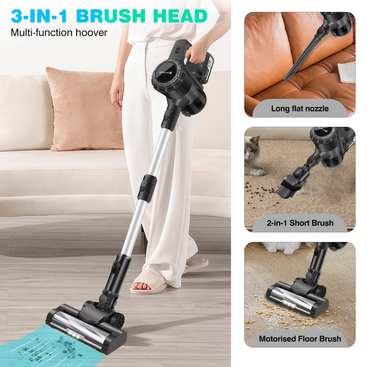 SEDOL Cordless Stick Vacuum Cleaner 30000PA Powerful Suction Wireless Handheld 3 in 1 Brushless Motor for Carpet Hard Floor Pet Hair Home Deep Cleaning