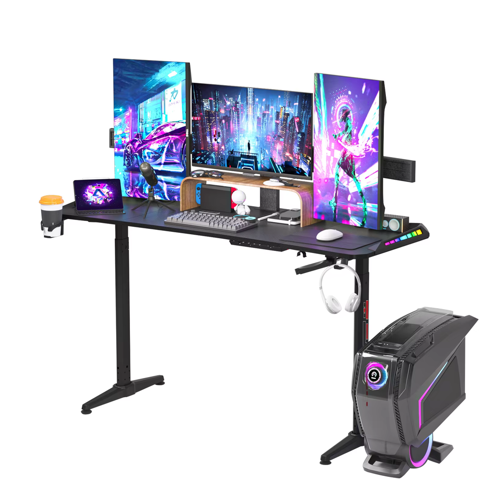 SEDOL 160cm Standing Gaming Desk with RGB LED Lights Manual Height Adjustable T-Shaped Large PC Computer Desk with Carbon Fiber Texture Cup Holder and Headphone Hook