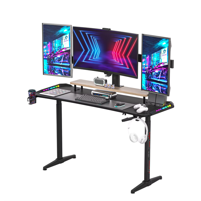 SEDOL 160cm Standing Gaming Desk with RGB LED Lights Manual Height Adjustable T-Shaped Large PC Computer Desk with Carbon Fiber Texture Cup Holder and Headphone Hook