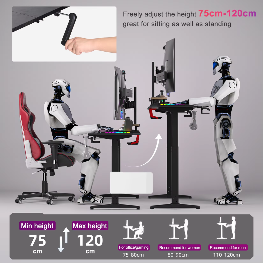 SEDOL 160cm Standing Gaming Desk with RGB LED Lights Manual Height Adjustable T-Shaped Large PC Computer Desk with Carbon Fiber Texture Cup Holder and Headphone Hook