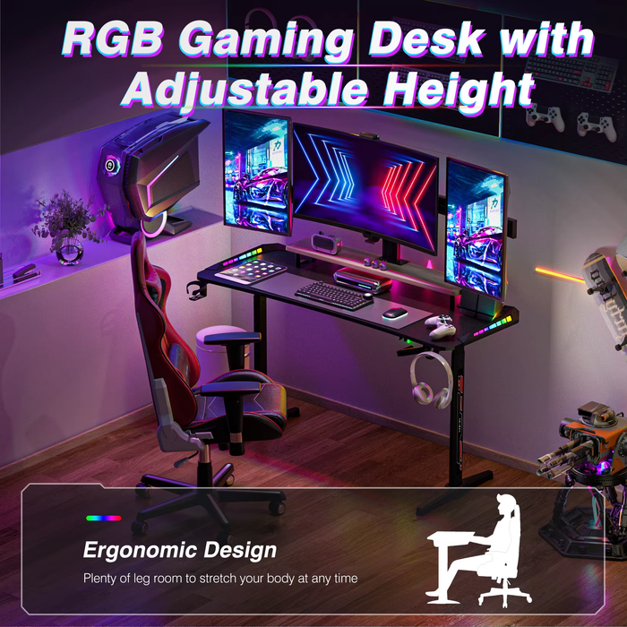 SEDOL 160cm Standing Gaming Desk with RGB LED Lights Manual Height Adjustable T-Shaped Large PC Computer Desk with Carbon Fiber Texture Cup Holder and Headphone Hook