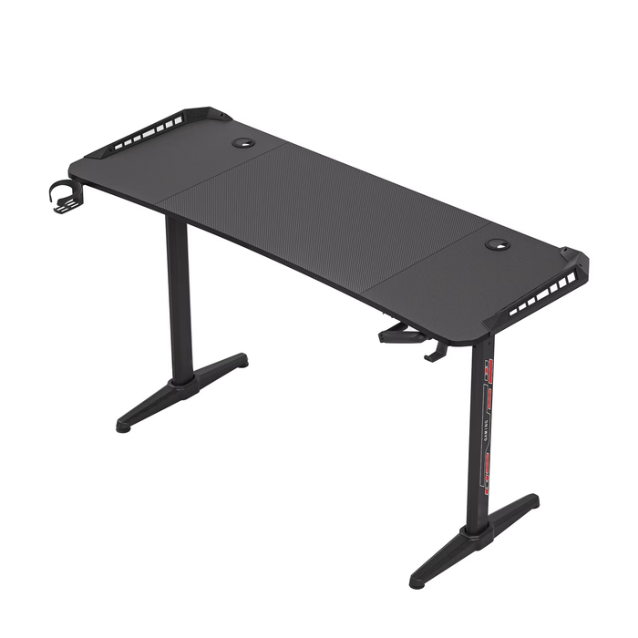 SEDOL 160cm Standing Gaming Desk with RGB LED Lights Manual Height Adjustable T-Shaped Large PC Computer Desk with Carbon Fiber Texture Cup Holder and Headphone Hook
