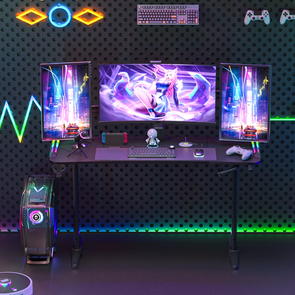 SEDOL 160cm Standing Gaming Desk with RGB LED Lights Manual Height Adjustable T-Shaped Large PC Computer Desk with Carbon Fiber Texture Cup Holder and Headphone Hook