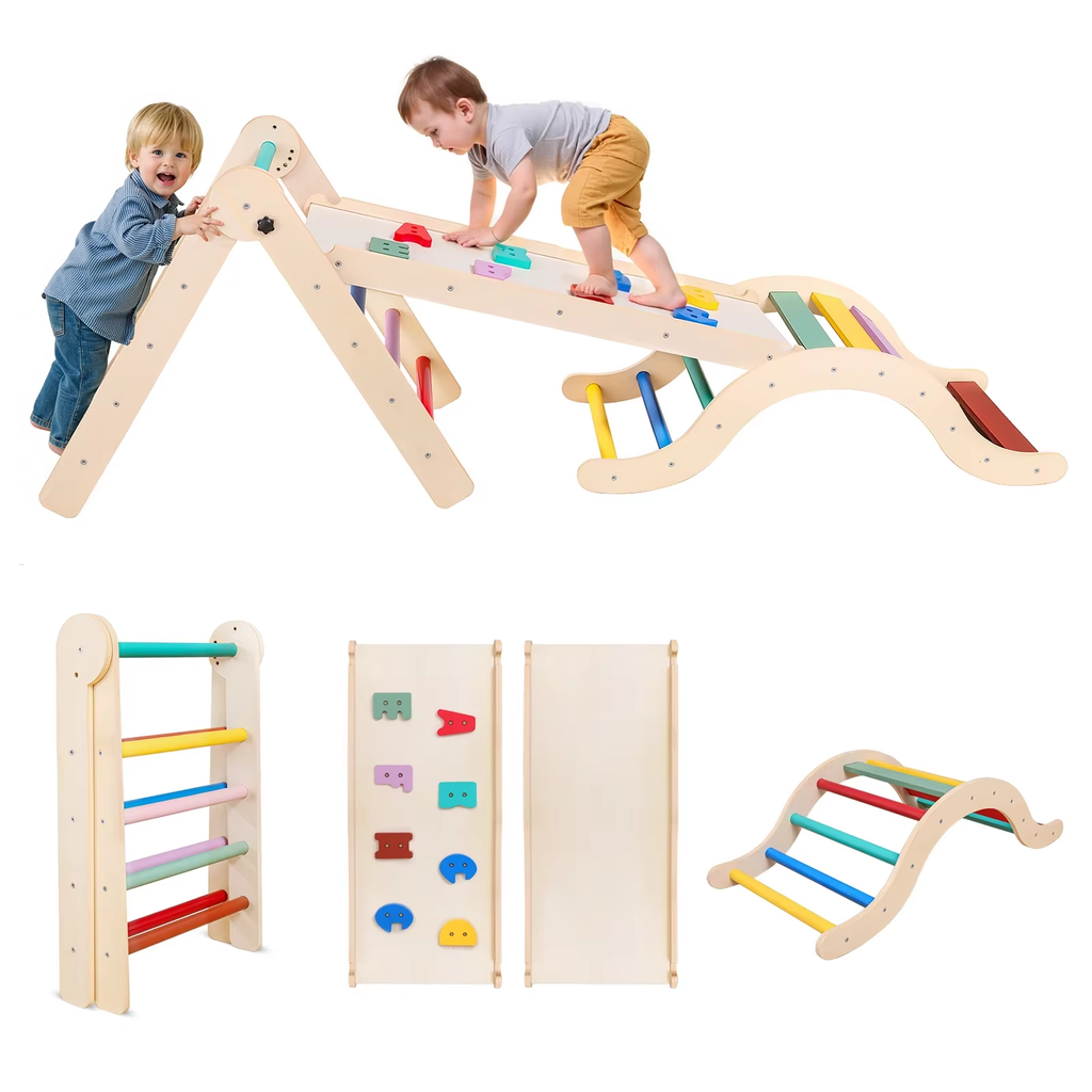 SEDOL 7-in-1 Montessori Wooden Climbing Frame Foldable Indoor Play Gym with Slide and Adjustable Arch Toddler Activity Center for Motor Skills and Balance