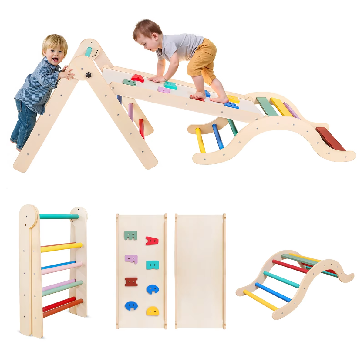 SEDOL 7-in-1 Montessori Wooden Climbing Frame Foldable Indoor Play Gym with Slide and Adjustable Arch Toddler Activity Center for Motor Skills and Balance